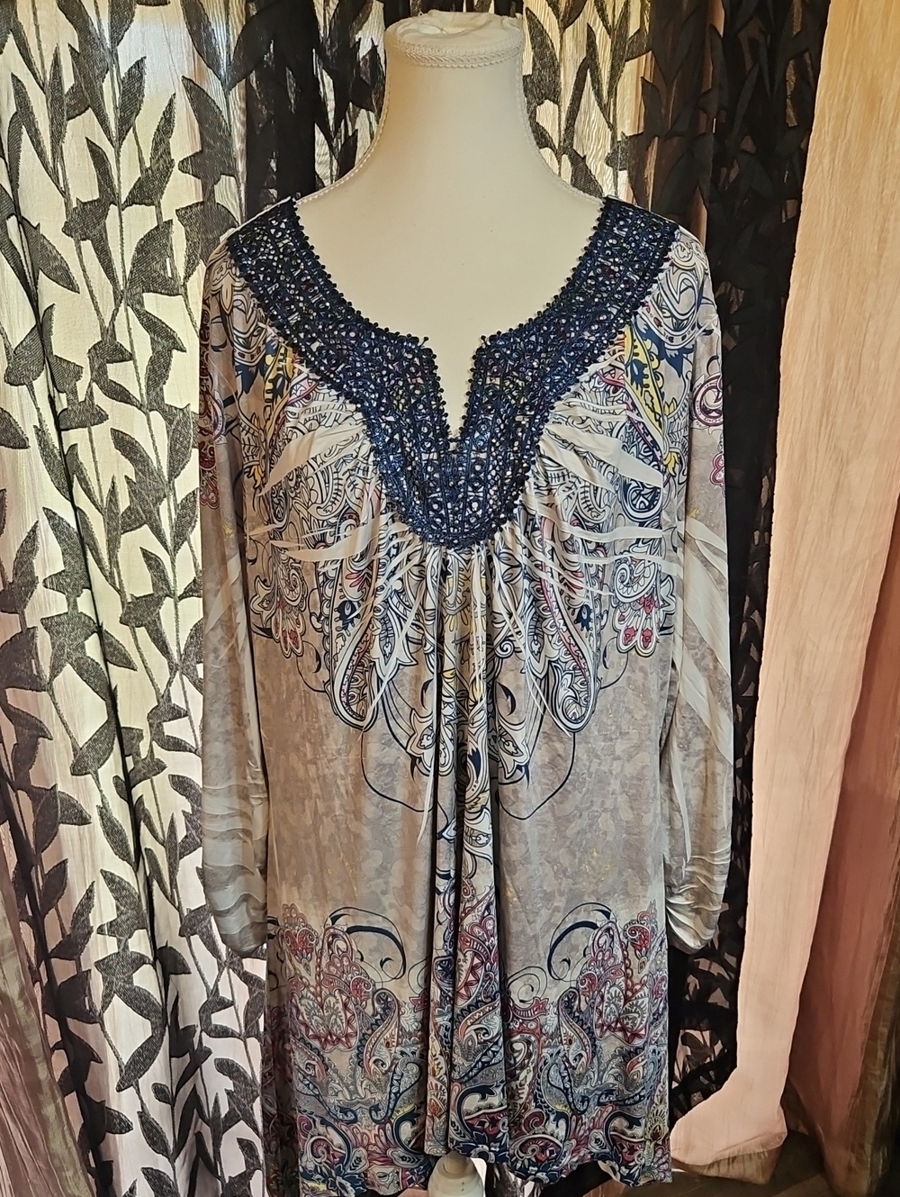 Madison & Berkeley Navy Beaded Paisley Tunic with Silver Base